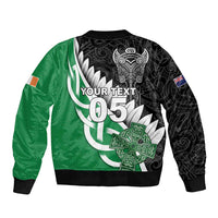 New Zealand And Ireland Rugby Custom Sleeve Zip Bomber Jacket Silver Fern With Celtic Cross