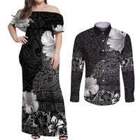 Hawaii Hibiscus With Black Polynesian Pattern Couples Matching Off Shoulder Maxi Dress and Long Sleeve Button Shirt