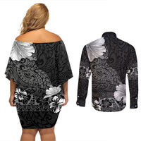 Hawaii Hibiscus With Black Polynesian Pattern Couples Matching Off Shoulder Short Dress and Long Sleeve Button Shirt