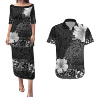 Hawaii Hibiscus With Black Polynesian Pattern Couples Matching Puletasi and Hawaiian Shirt
