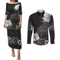 Hawaii Hibiscus With Black Polynesian Pattern Couples Matching Puletasi and Long Sleeve Button Shirt