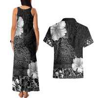 Hawaii Hibiscus With Black Polynesian Pattern Couples Matching Tank Maxi Dress and Hawaiian Shirt