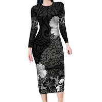 Hawaii Hibiscus With Black Polynesian Pattern Family Matching Long Sleeve Bodycon Dress and Hawaiian Shirt