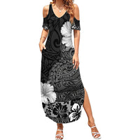 Hawaii Hibiscus With Black Polynesian Pattern Family Matching Summer Maxi Dress and Hawaiian Shirt