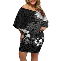 Hawaii Hibiscus With Black Polynesian Pattern Off Shoulder Short Dress LT05 Women Black - Polynesian Pride