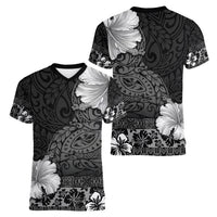 Hawaii Hibiscus With Black Polynesian Pattern Women V-Neck T-Shirt