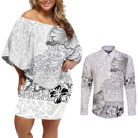 Hawaii Hibiscus With White Polynesian Pattern Couples Matching Off Shoulder Short Dress and Long Sleeve Button Shirt LT05 White - Polynesian Pride