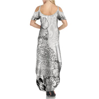 Hawaii Hibiscus With White Polynesian Pattern Family Matching Summer Maxi Dress and Hawaiian Shirt