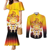 Tahiti Heiva Festival Couples Matching Mermaid Dress and Long Sleeve Button Shirt Tahitian Vahine Plumeria Flowers LT05 Yellow - Polynesian Pride