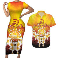 Tahiti Heiva Festival Couples Matching Short Sleeve Bodycon Dress and Hawaiian Shirt Tahitian Vahine Plumeria Flowers LT05 Yellow - Polynesian Pride