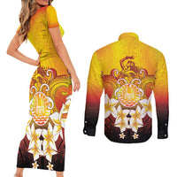 Tahiti Heiva Festival Couples Matching Short Sleeve Bodycon Dress and Long Sleeve Button Shirt Tahitian Vahine Plumeria Flowers LT05 - Polynesian Pride