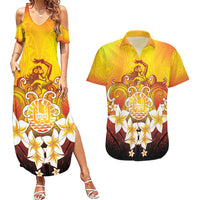 Tahiti Heiva Festival Couples Matching Summer Maxi Dress and Hawaiian Shirt Tahitian Vahine Plumeria Flowers LT05 Yellow - Polynesian Pride