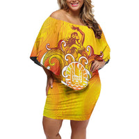 Tahiti Heiva Festival Family Matching Off Shoulder Short Dress and Hawaiian Shirt Tahitian Vahine Plumeria Flowers LT05 Mom's Dress Yellow - Polynesian Pride