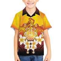 Tahiti Heiva Festival Family Matching Off Shoulder Short Dress and Hawaiian Shirt Tahitian Vahine Plumeria Flowers LT05 Son's Shirt Yellow - Polynesian Pride