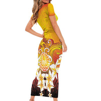 Tahiti Heiva Festival Short Sleeve Bodycon Dress Tahitian Vahine Plumeria Flowers LT05 - Polynesian Pride