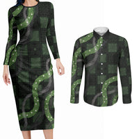 Hawaiian Quilt Couples Matching Long Sleeve Bodycon Dress and Long Sleeve Button Shirt Pele Hair Hinahina Lei Black Version LT05 Black - Polynesian Pride