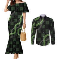 Hawaiian Quilt Couples Matching Mermaid Dress and Long Sleeve Button Shirt Pele Hair Hinahina Lei Black Version LT05 Black - Polynesian Pride