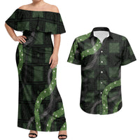 Hawaiian Quilt Couples Matching Off Shoulder Maxi Dress and Hawaiian Shirt Pele Hair Hinahina Lei Black Version LT05 Black - Polynesian Pride