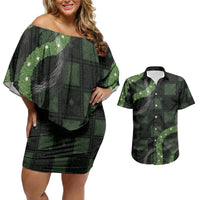 Hawaiian Quilt Couples Matching Off Shoulder Short Dress and Hawaiian Shirt Pele Hair Hinahina Lei Black Version LT05 Black - Polynesian Pride