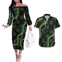 Hawaiian Quilt Couples Matching Off The Shoulder Long Sleeve Dress and Hawaiian Shirt Pele Hair Hinahina Lei Black Version LT05 Black - Polynesian Pride