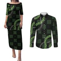 Hawaiian Quilt Couples Matching Puletasi and Long Sleeve Button Shirt Pele Hair Hinahina Lei Black Version