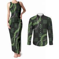 Hawaiian Quilt Couples Matching Tank Maxi Dress and Long Sleeve Button Shirt Pele Hair Hinahina Lei Black Version LT05 Black - Polynesian Pride