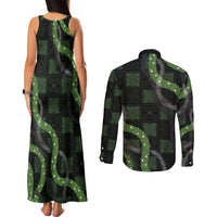 Hawaiian Quilt Couples Matching Tank Maxi Dress and Long Sleeve Button Shirt Pele Hair Hinahina Lei Black Version