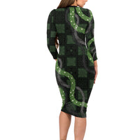 Hawaiian Quilt Family Matching Long Sleeve Bodycon Dress and Hawaiian Shirt Pele Hair Hinahina Lei Black Version LT05 - Polynesian Pride