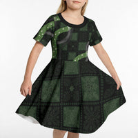 Hawaiian Quilt Kid Short Sleeve Dress Pele Hair Hinahina Lei Black Version LT05 - Polynesian Pride