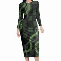 Hawaiian Quilt Long Sleeve Bodycon Dress Pele Hair Hinahina Lei Black Version LT05 Long Dress Black - Polynesian Pride
