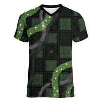 Hawaiian Quilt Women V-Neck T-Shirt Pele Hair Hinahina Lei Black Version LT05 Female Black - Polynesian Pride
