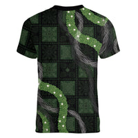 Hawaiian Quilt Women V-Neck T-Shirt Pele Hair Hinahina Lei Black Version LT05 - Polynesian Pride
