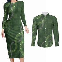 Hawaiian Quilt Couples Matching Long Sleeve Bodycon Dress and Long Sleeve Button Shirt Pele Hair Hinahina Lei Green Version LT05 Green - Polynesian Pride