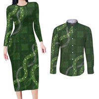 Hawaiian Quilt Couples Matching Long Sleeve Bodycon Dress and Long Sleeve Button Shirt Pele Hair Hinahina Lei Green Version LT05 Green - Polynesian Pride