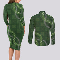 Hawaiian Quilt Couples Matching Long Sleeve Bodycon Dress and Long Sleeve Button Shirt Pele Hair Hinahina Lei Green Version LT05 - Polynesian Pride