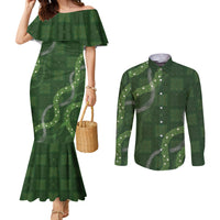 Hawaiian Quilt Couples Matching Mermaid Dress and Long Sleeve Button Shirt Pele Hair Hinahina Lei Green Version LT05 Green - Polynesian Pride