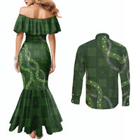 Hawaiian Quilt Couples Matching Mermaid Dress and Long Sleeve Button Shirt Pele Hair Hinahina Lei Green Version LT05 - Polynesian Pride
