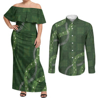 Hawaiian Quilt Couples Matching Off Shoulder Maxi Dress and Long Sleeve Button Shirt Pele Hair Hinahina Lei Green Version LT05 Green - Polynesian Pride