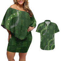 Hawaiian Quilt Couples Matching Off Shoulder Short Dress and Hawaiian Shirt Pele Hair Hinahina Lei Green Version LT05 Green - Polynesian Pride