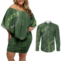 Hawaiian Quilt Couples Matching Off Shoulder Short Dress and Long Sleeve Button Shirt Pele Hair Hinahina Lei Green Version LT05 Green - Polynesian Pride