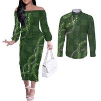 Hawaiian Quilt Couples Matching Off The Shoulder Long Sleeve Dress and Long Sleeve Button Shirt Pele Hair Hinahina Lei Green Version LT05 Green - Polynesian Pride