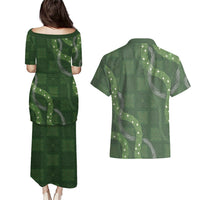 Hawaiian Quilt Couples Matching Puletasi and Hawaiian Shirt Pele Hair Hinahina Lei Green Version LT05 - Polynesian Pride