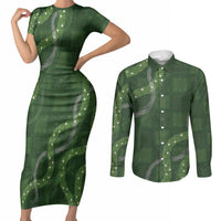 Hawaiian Quilt Couples Matching Short Sleeve Bodycon Dress and Long Sleeve Button Shirt Pele Hair Hinahina Lei Green Version LT05 Green - Polynesian Pride