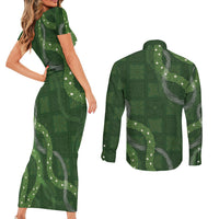 Hawaiian Quilt Couples Matching Short Sleeve Bodycon Dress and Long Sleeve Button Shirt Pele Hair Hinahina Lei Green Version LT05 - Polynesian Pride