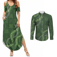 Hawaiian Quilt Couples Matching Summer Maxi Dress and Long Sleeve Button Shirt Pele Hair Hinahina Lei Green Version LT05 Green - Polynesian Pride
