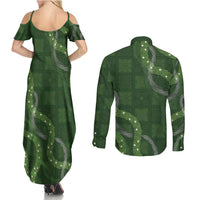 Hawaiian Quilt Couples Matching Summer Maxi Dress and Long Sleeve Button Shirt Pele Hair Hinahina Lei Green Version LT05 - Polynesian Pride