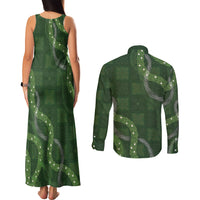 Hawaiian Quilt Couples Matching Tank Maxi Dress and Long Sleeve Button Shirt Pele Hair Hinahina Lei Green Version LT05 - Polynesian Pride