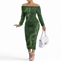 Hawaiian Quilt Off The Shoulder Long Sleeve Dress Pele Hair Hinahina Lei Green Version LT05 Women Green - Polynesian Pride