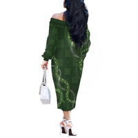 Hawaiian Quilt Off The Shoulder Long Sleeve Dress Pele Hair Hinahina Lei Green Version