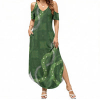 Hawaiian Quilt Summer Maxi Dress Pele Hair Hinahina Lei Green Version LT05 Women Green - Polynesian Pride